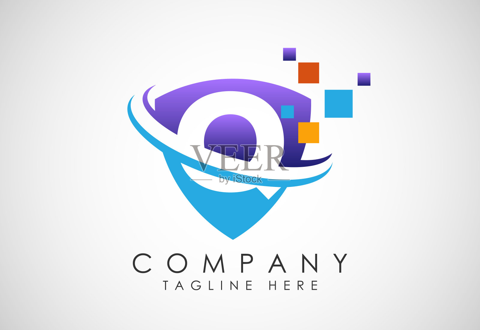 英文字母Q,带有盾牌,旋风和数据像素。创意科技现代标志设计插画图片素材