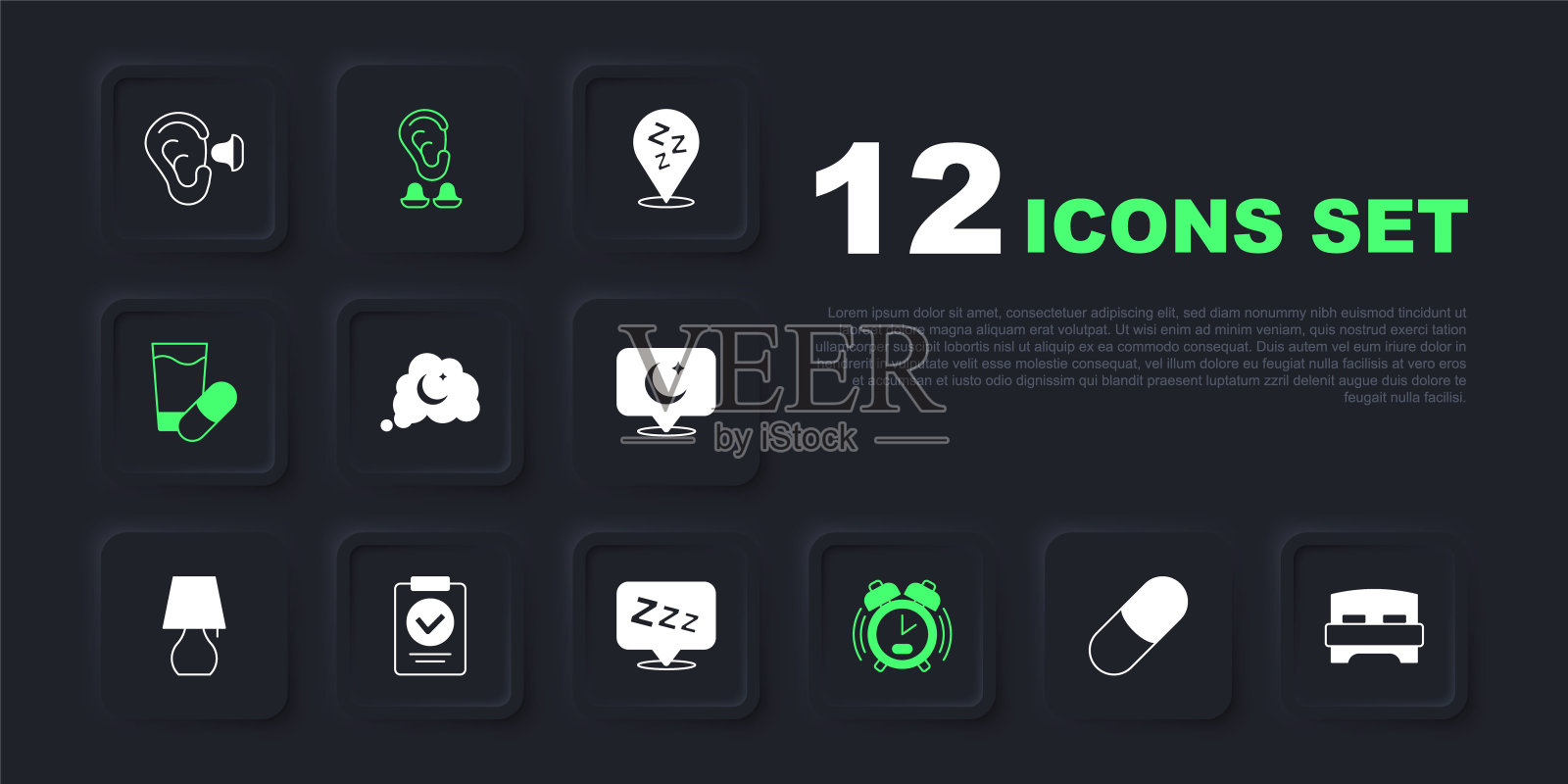 设置安眠药,大床,梦想,闹钟,医疗处方,耳塞和耳朵和困倦的图标。向量插画图片素材