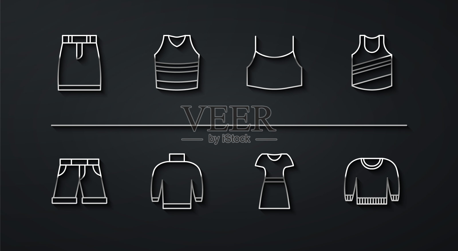 设置线裙子,短裤或裤子,汗衫,女子连衣裙,毛衣,和女性作物顶部图标。向量插画图片素材