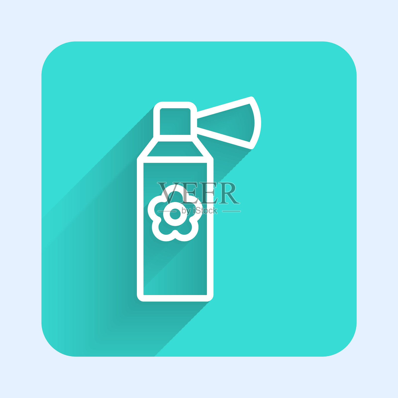 白线空气清新喷雾瓶图标与长阴影背景隔离。空气清新气雾剂瓶。绿色方形按钮。向量插画图片素材