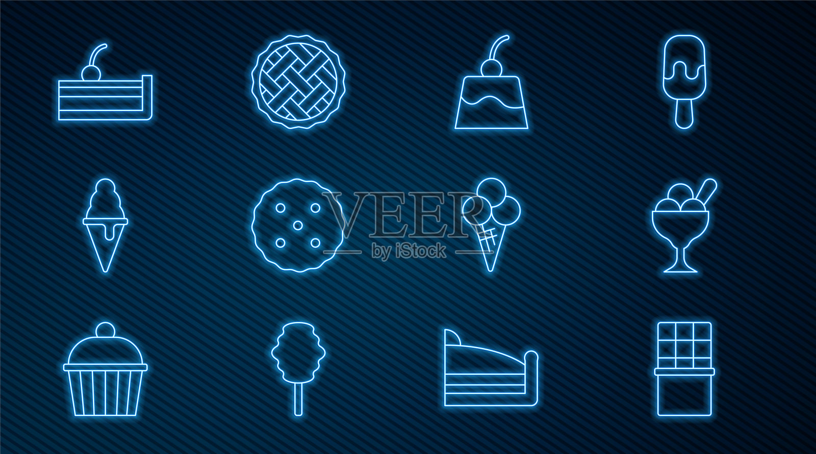 设置线巧克力棒,冰淇淋在碗,布丁蛋奶冻,饼干或饼干,华夫饼甜筒,樱桃芝士蛋糕,和自制派图标。向量插画图片素材