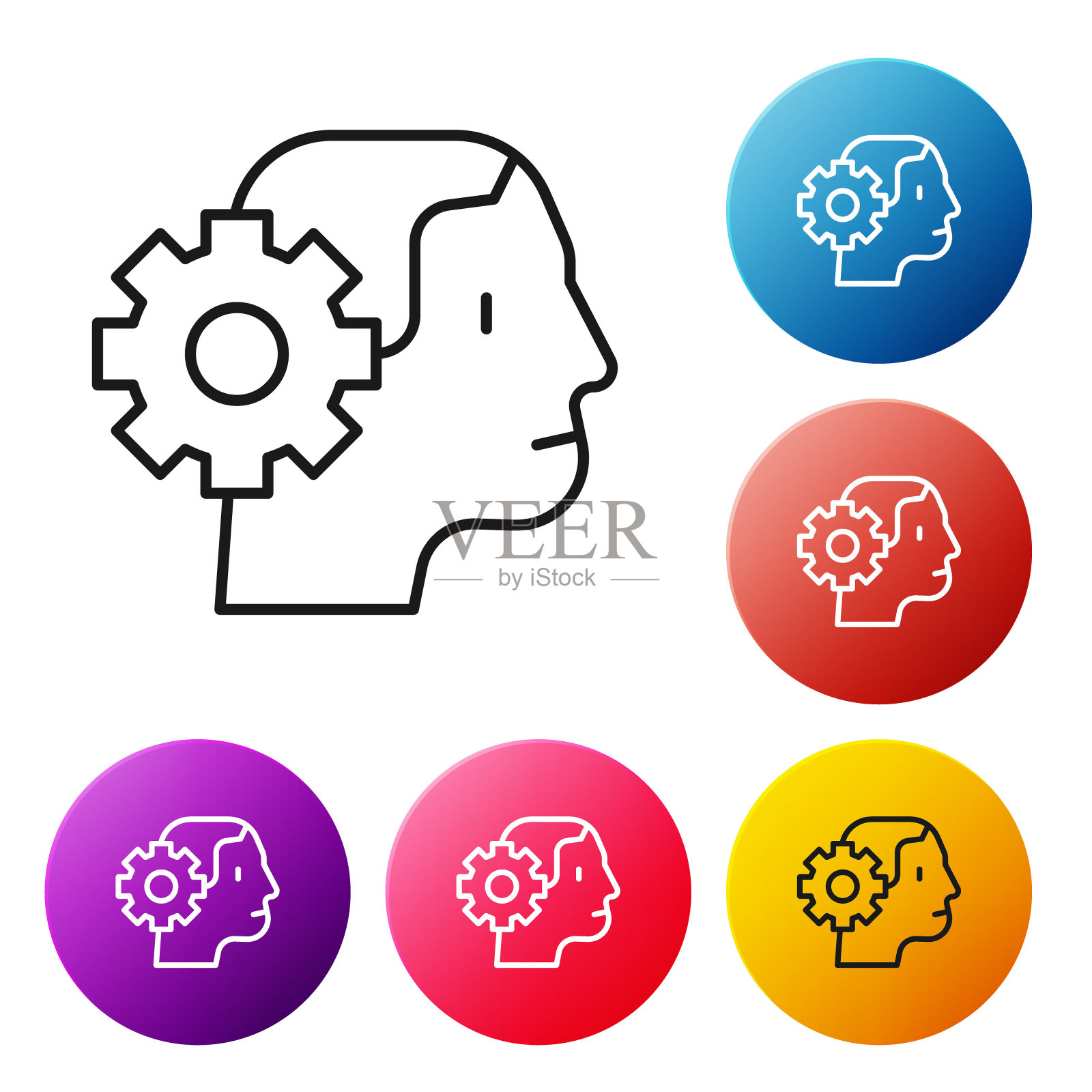 黑线人形机器人图标孤立在白色背景。人工智能,机器学习,云计算。设置图标彩色圆圈按钮。向量插画图片素材