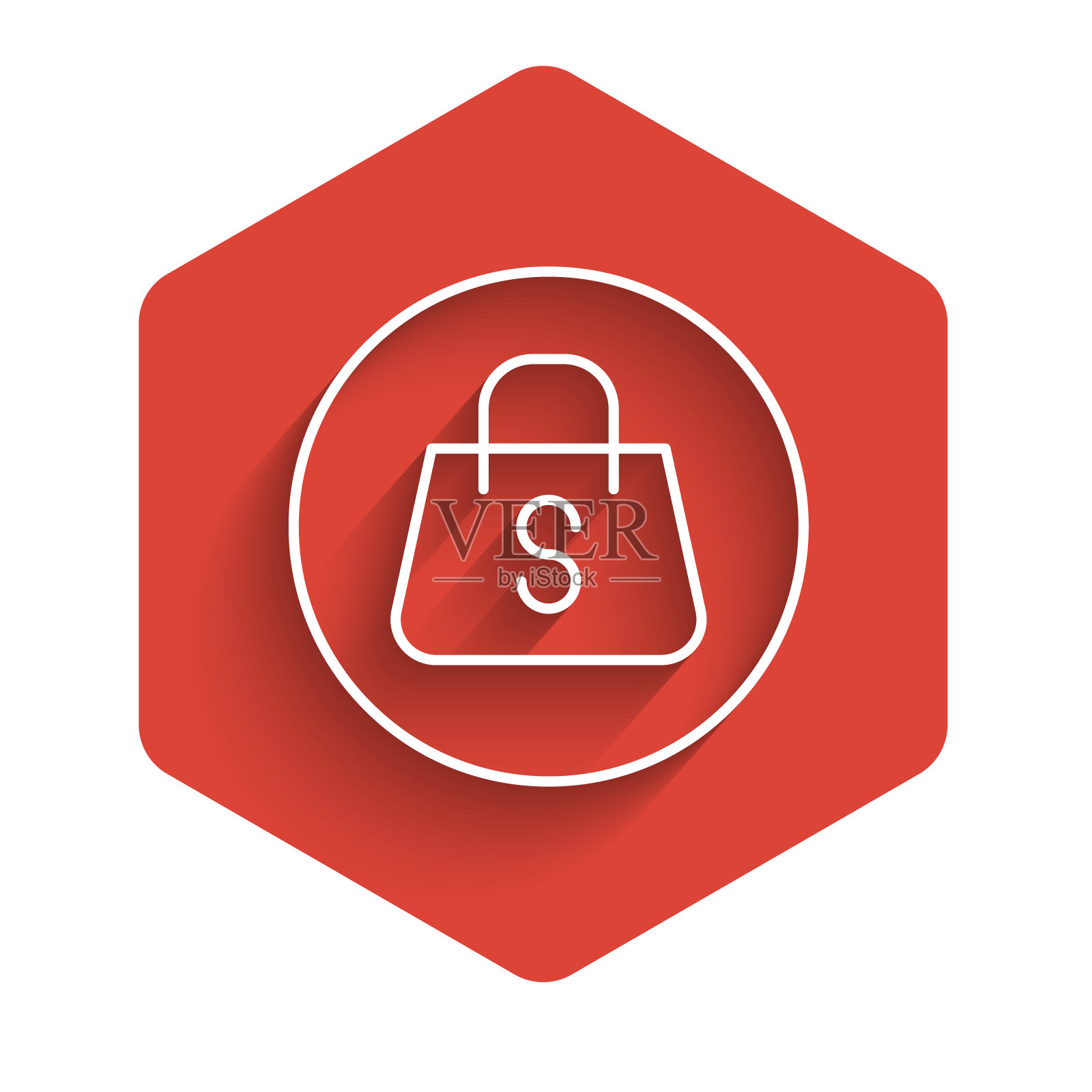 白线购物袋与铭文销售图标隔离与长阴影背景。手提包的迹象。女士包图标。女性手袋标志。红色六边形按钮。向量插画图片素材