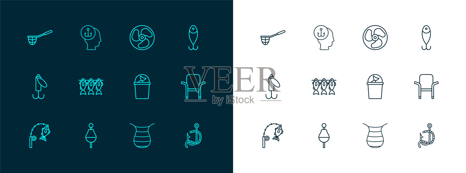 设线钓鱼诱饵,浮子,桶与鱼,网,干,舷外船电机,和渔民图标。向量插画图片素材