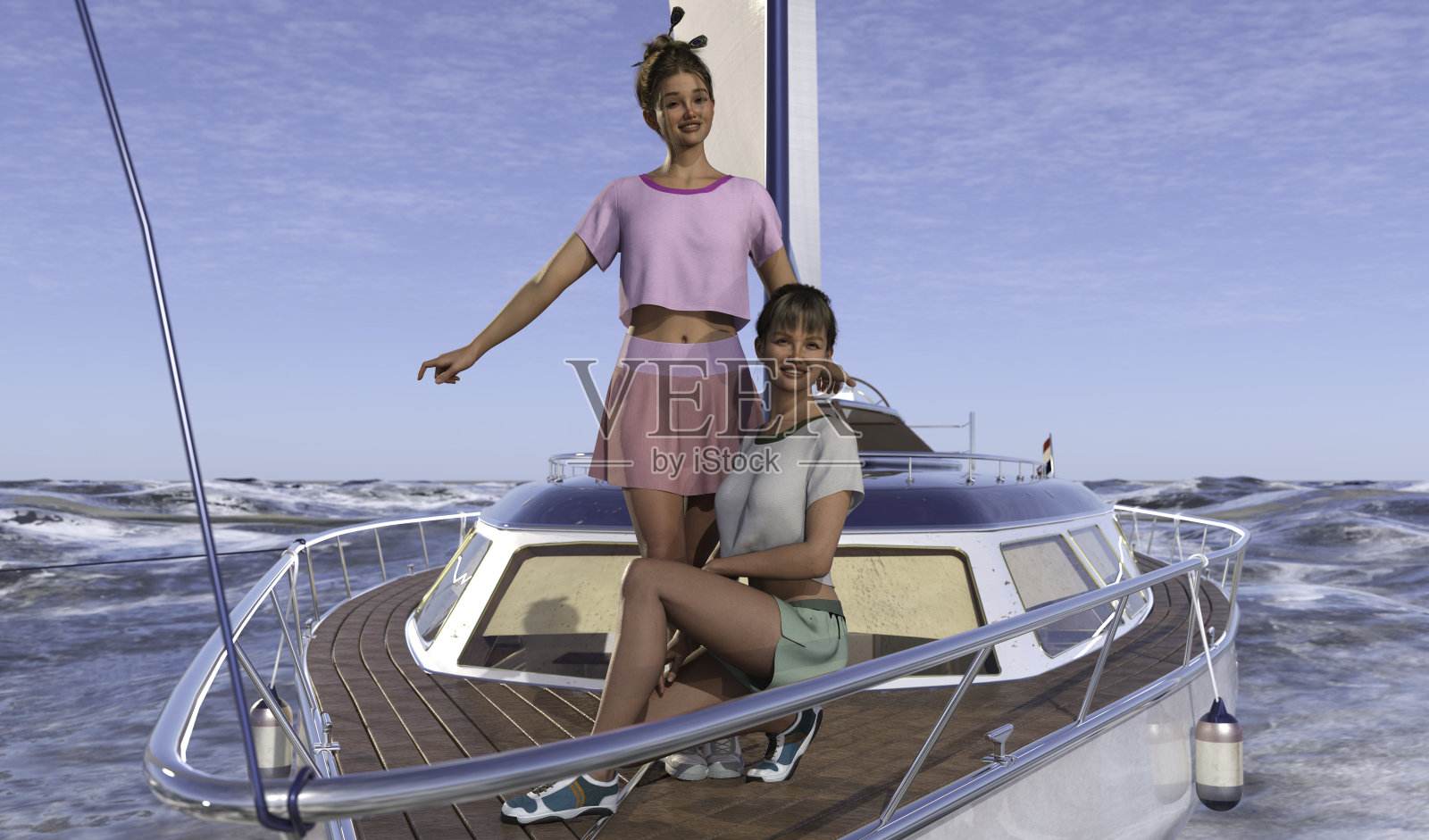 帆船上的女士们。3 d渲染。照片摄影图片