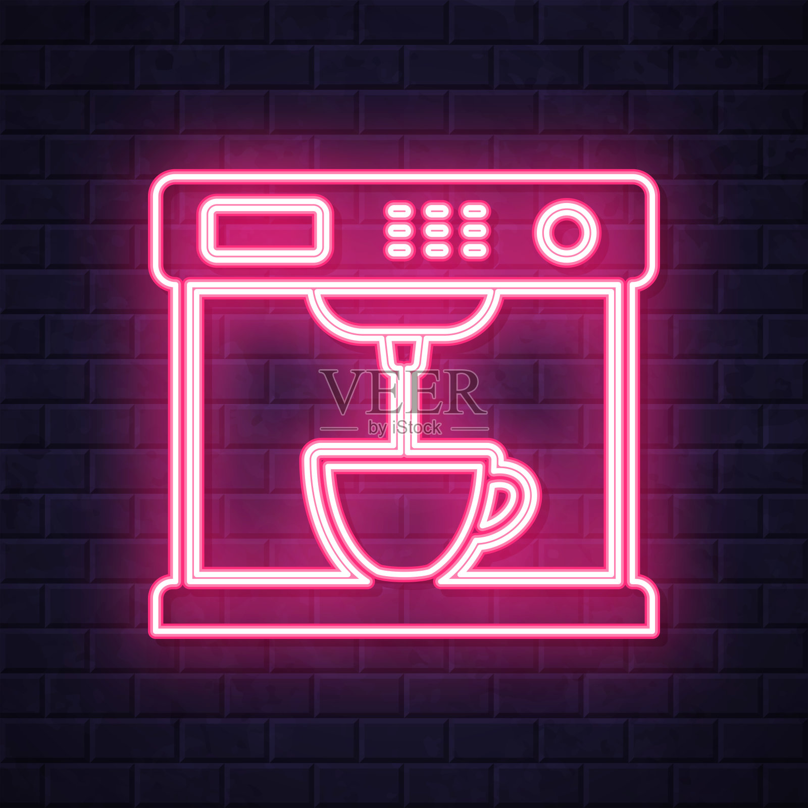 咖啡机。在砖墙背景上发光的霓虹灯图标插画图片素材
