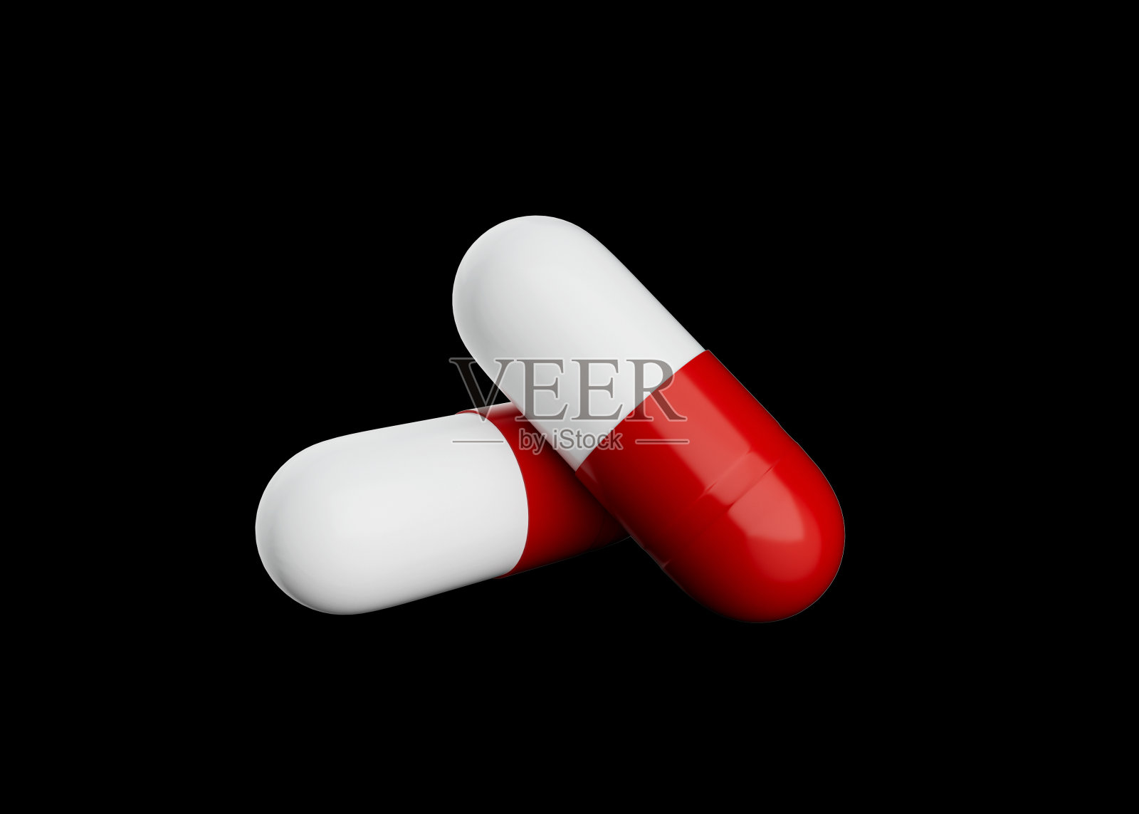 黑色背景上两个重叠的红白药物胶囊3d插图照片摄影图片
