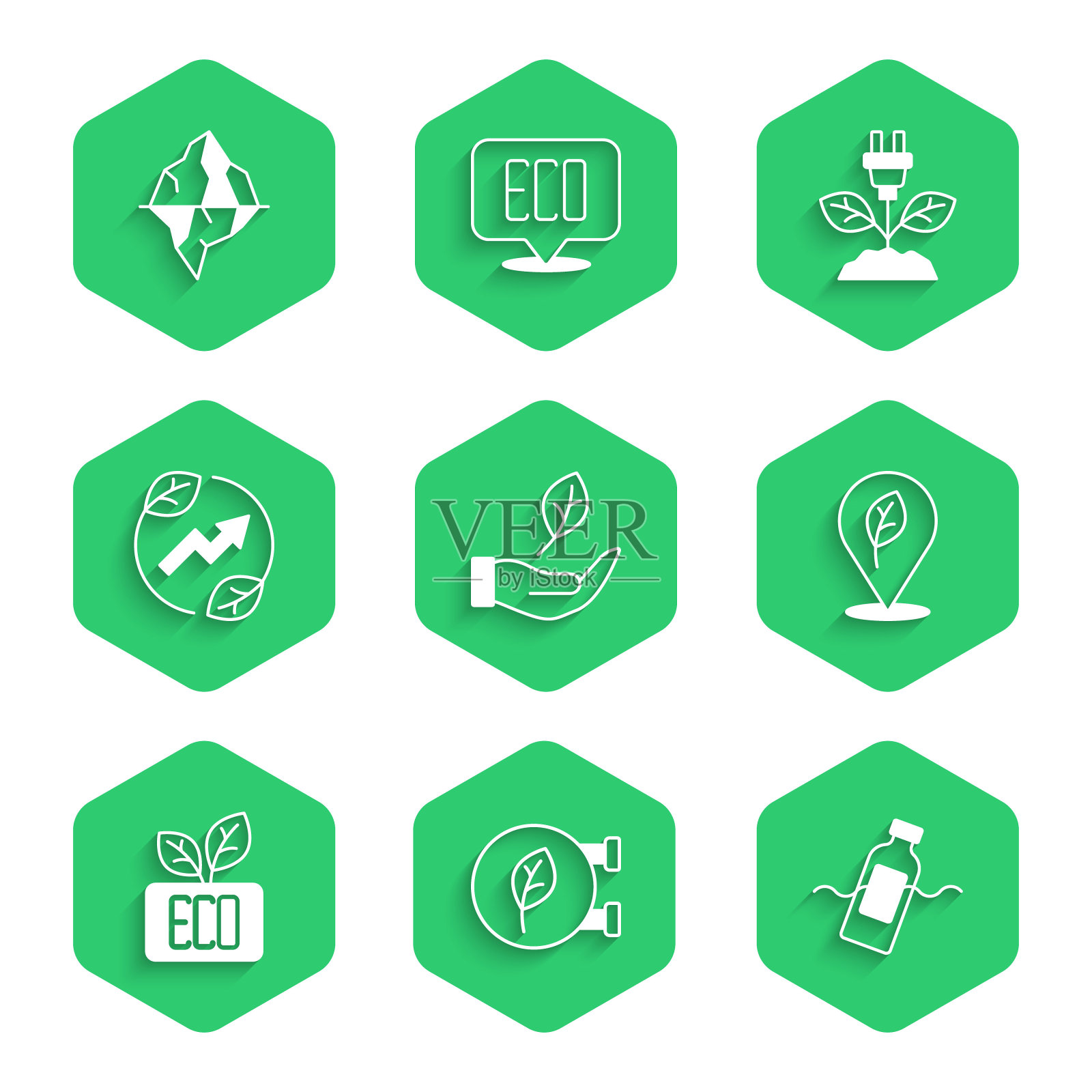 集叶在手,生态商店,污染的问题,位置与叶,符号,节电插头,冰山图标。向量插画图片素材