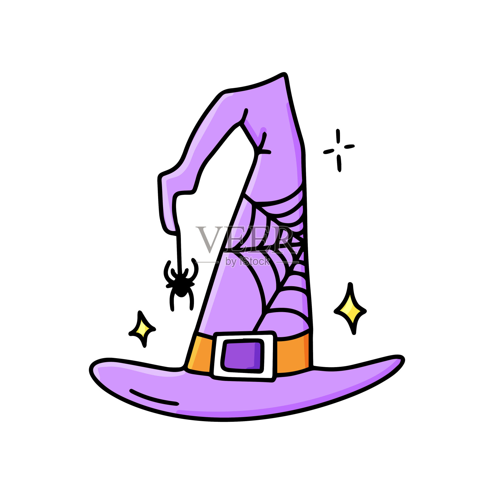 女巫的帽子,男巫的帽子,魔术师的帽子,还有一张网和一只挂着的蜘蛛。一个巫术的魔法配件。万圣节的图形元素。插画图片素材
