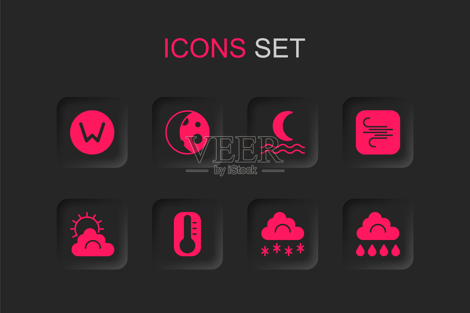 设置温度计,月相,指南针北,云与雪,风,雨,夜雾烟和太阳和云天气图标。向量插画图片素材