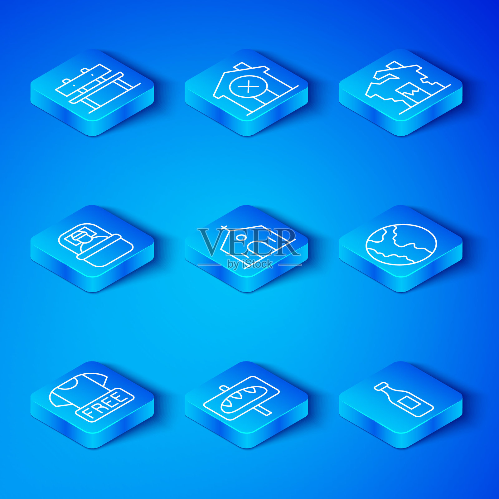 服装捐赠,教堂建筑,捐赠食品,全球经济危机,毁坏的房子,睡袋,长凳和瓶装水图标。向量插画图片素材