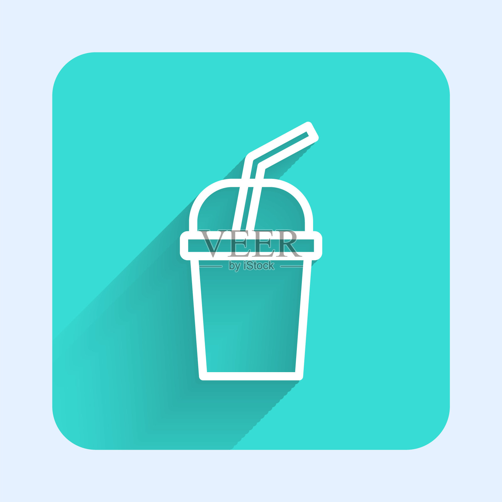 白线纸玻璃与饮用吸管和水的图标与长阴影背景隔离。汽水杯。新鲜冷饮标志。绿色方形按钮。向量插画图片素材