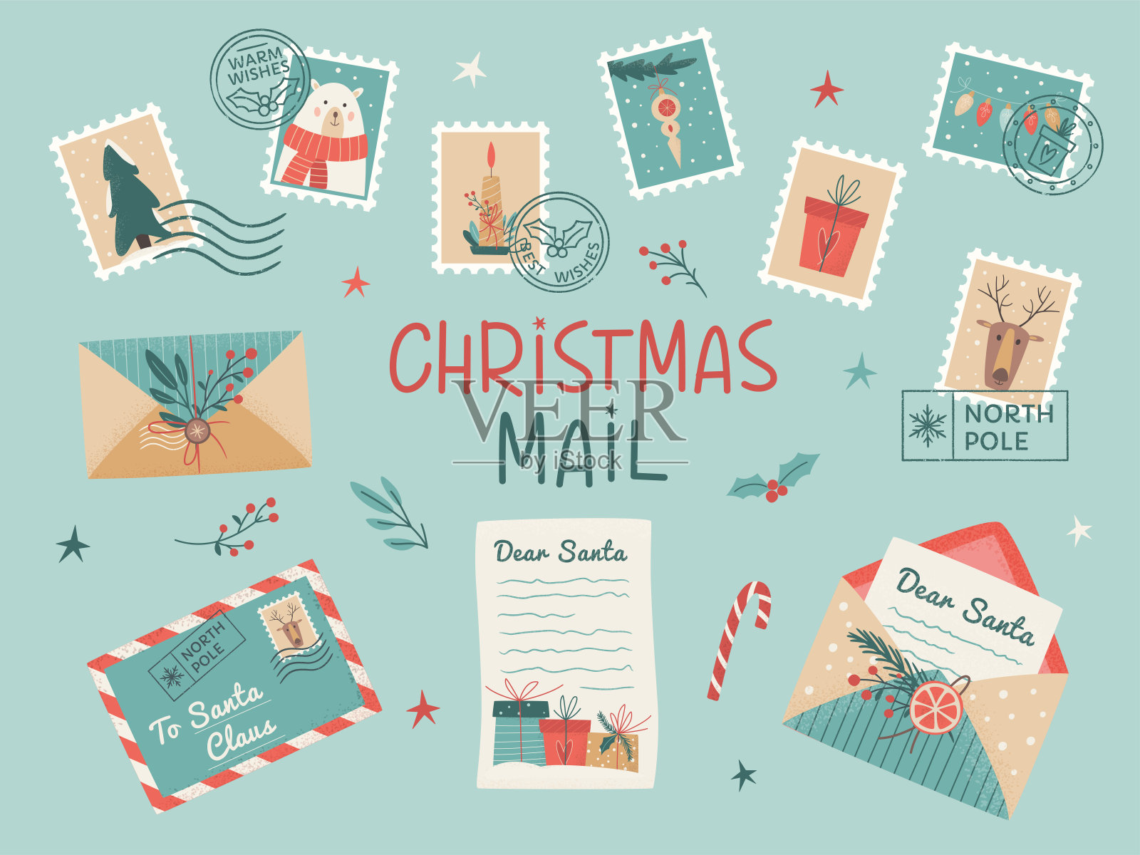圣诞老人邮件套装包括圣诞打开和关闭的信封,装饰有树枝和干柠檬片,印章,邮票,愿望清单,信箱。矢量插图上的光背景插画图片素材
