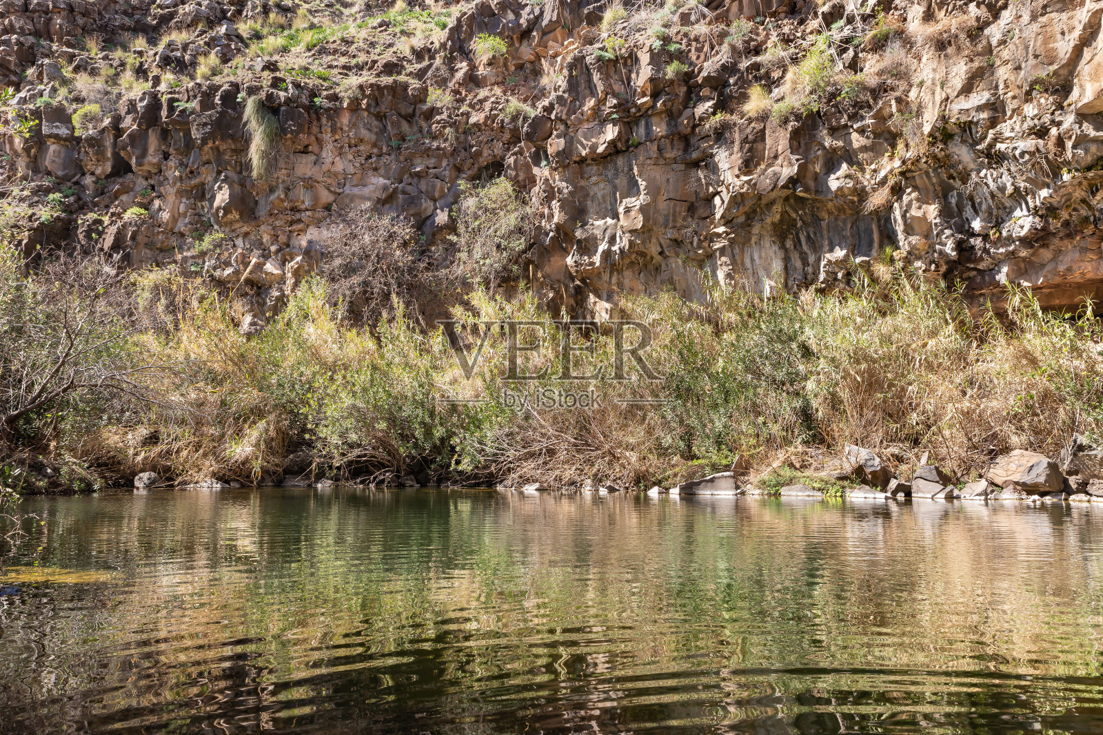 以色列北部耶胡迪亚国家公园:岩石框景中的鱼塘照片摄影图片