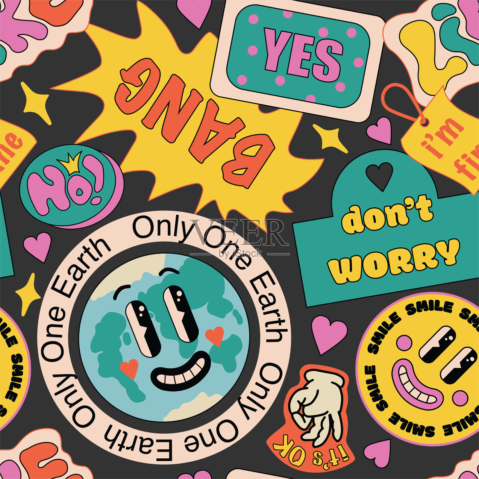 90年代风格酷贴纸拼贴图案。流行艺术时髦,Groovy背景与复古色彩补丁。插画图片素材