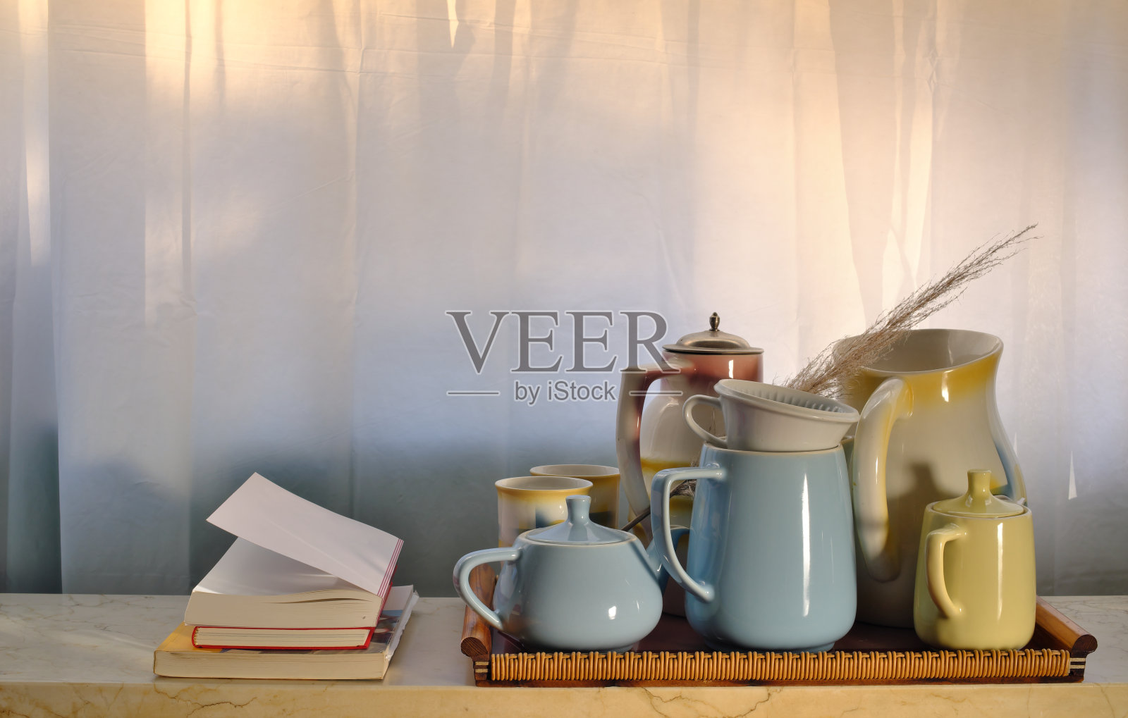 漂亮,复古陶器,盘子,咖啡壶,过滤器,马克杯,罐子,多色,免费复制空间照片摄影图片