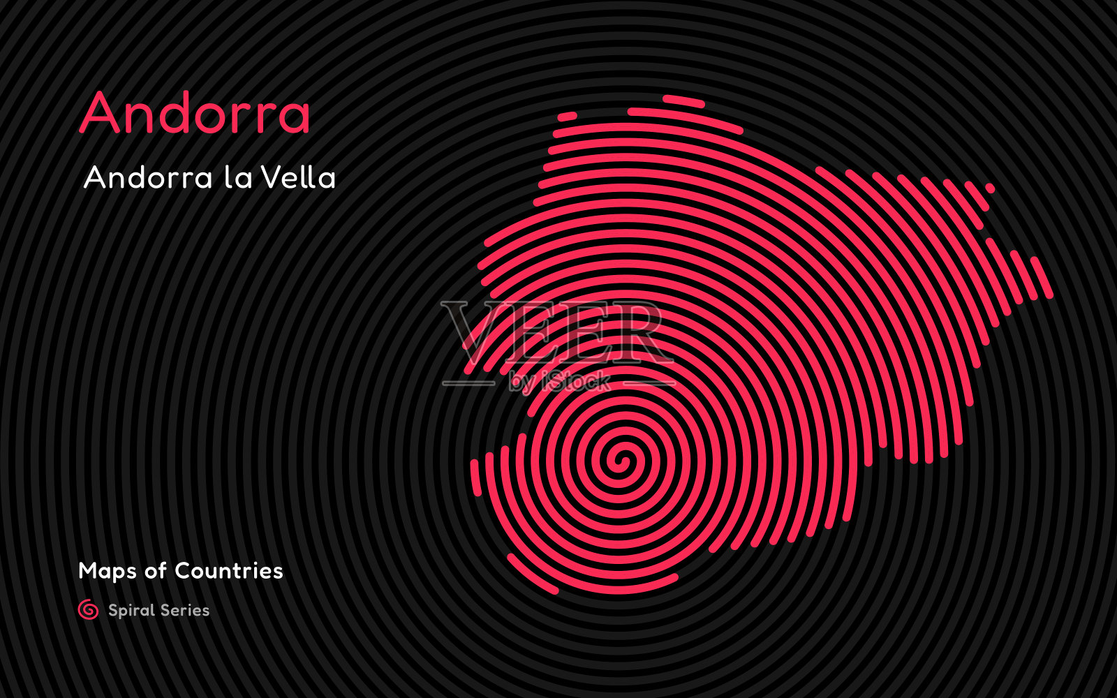 安道尔的孤立抽象螺旋矢量孵化地图在黑色背景上,确定其首都,安道尔维拉。插画图片素材