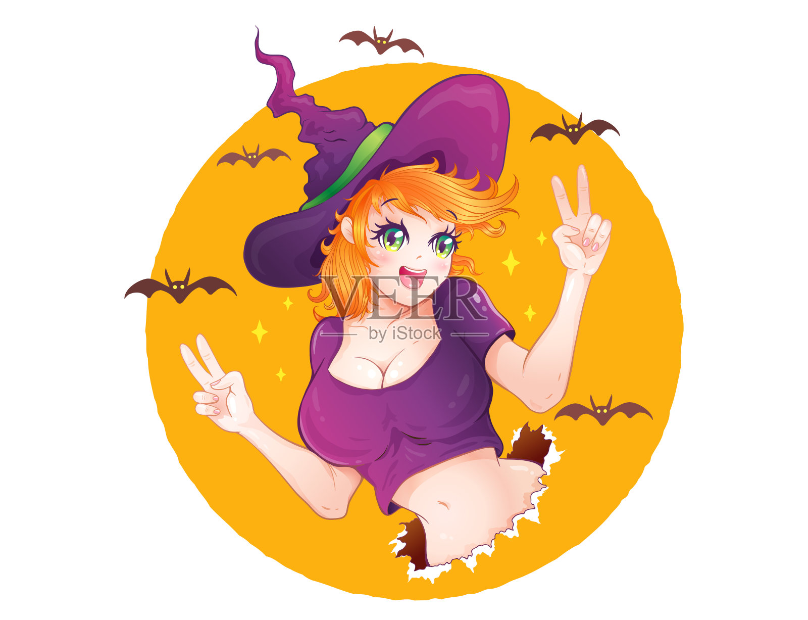 矢量插图的巫婆在卡哇伊漫画风格的万圣节。矢量插图的女巫女孩的万圣节派对。插画图片素材