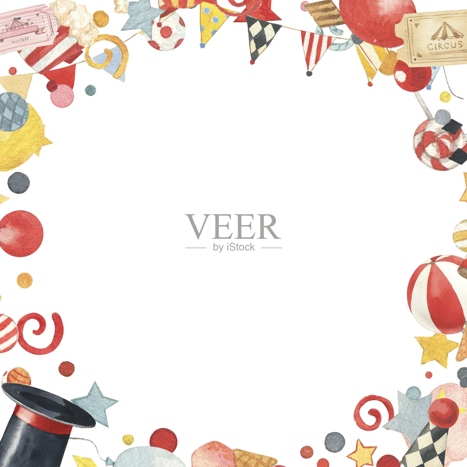 水彩马戏团框架。手绘纹理与气球,球,帽子,票,大炮,丝带。嘉年华框架设计完美的儿童装饰,托儿所,邀请插画图片素材