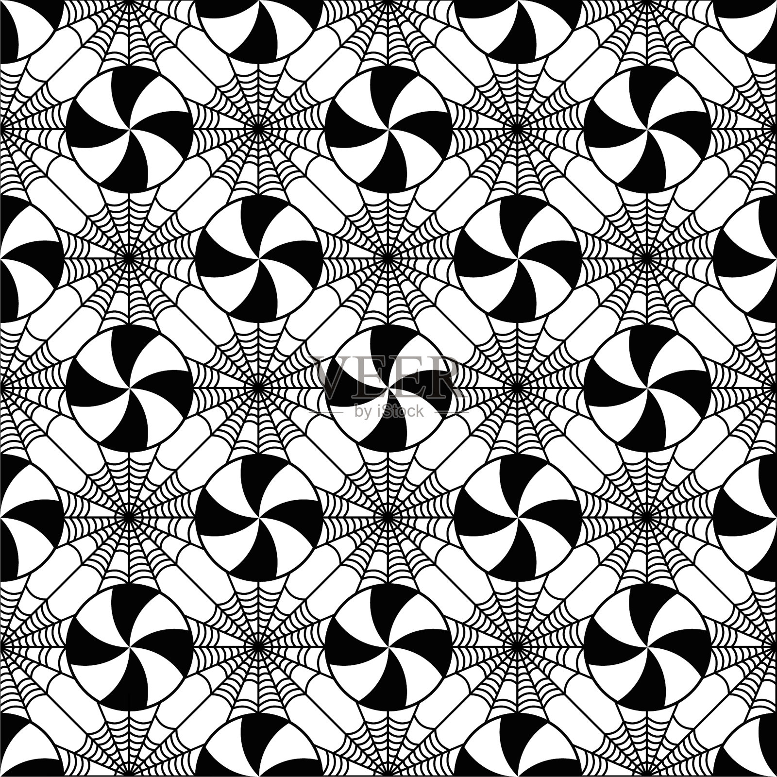 对称的蜘蛛网和棒棒糖无缝图案。插画图片素材