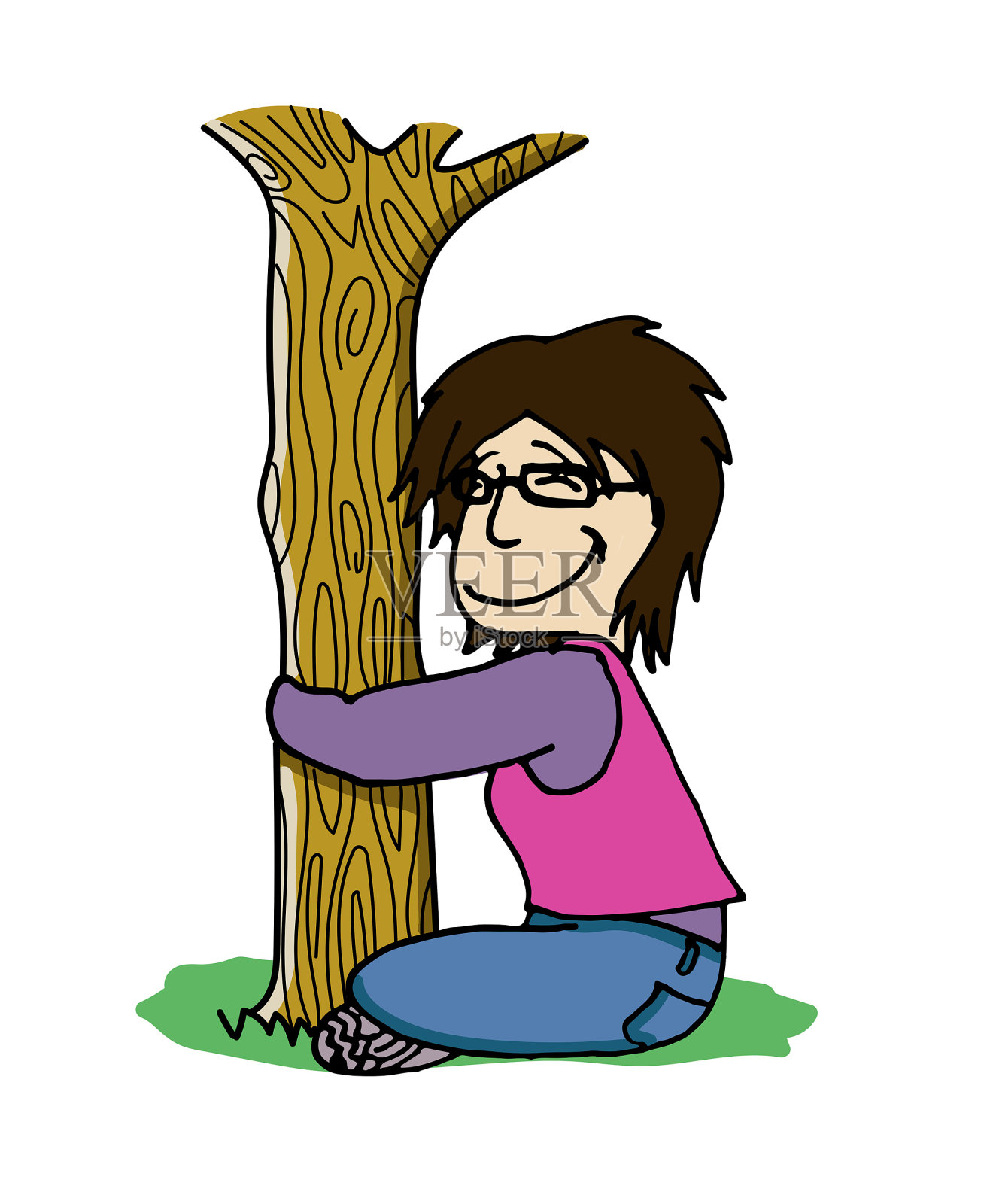 可爱的女孩角色戴着眼镜坐在地上微笑着拥抱一棵树。彩色卡通风格矢量插图。插画图片素材