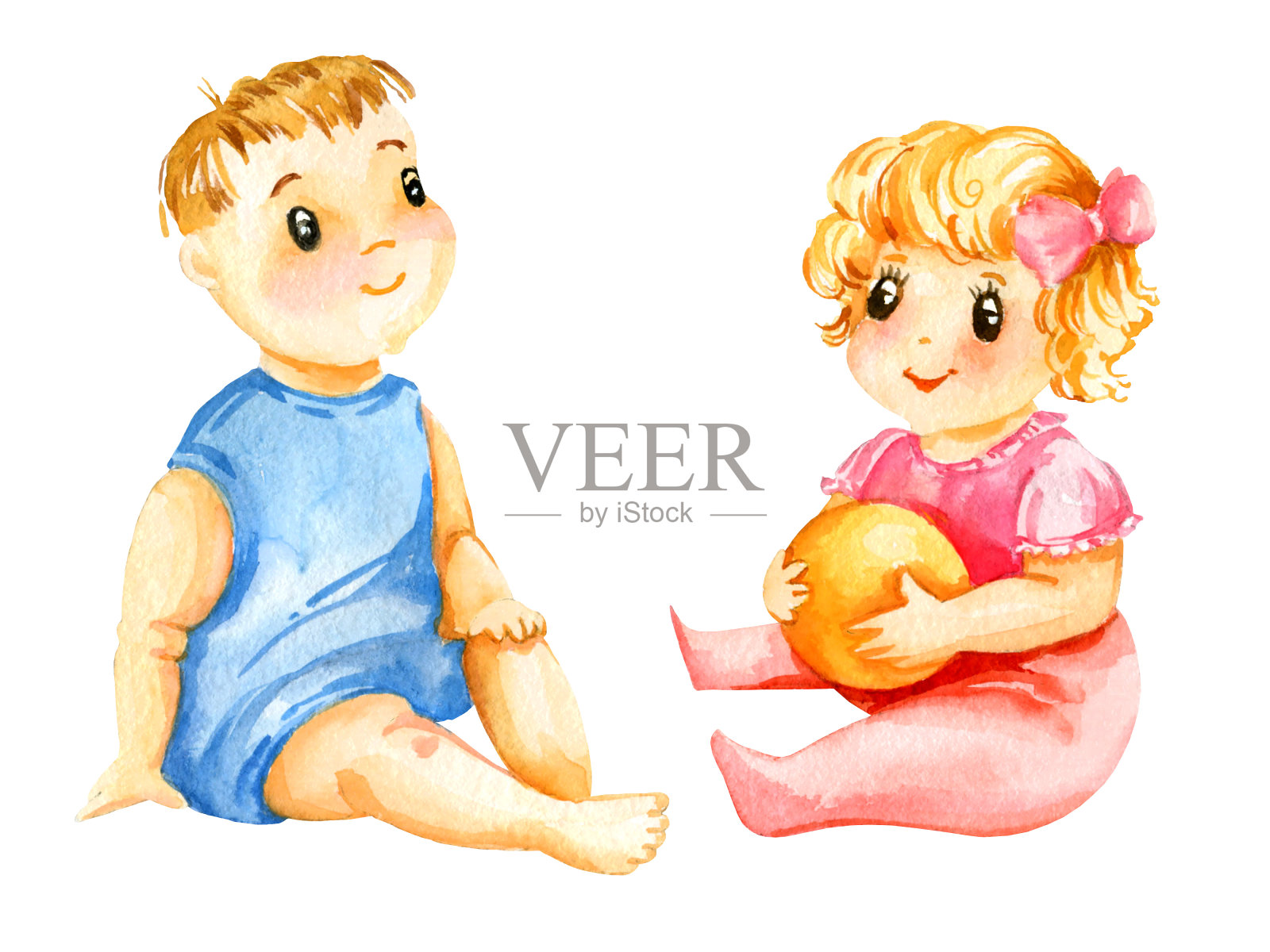 水彩画可爱的坐着的女婴用黄色的球的手和男婴穿着粉红色和蓝色的衣服,手绘插图的新生婴儿,微笑快乐的孩子孤立在白色的背景插画图片素材