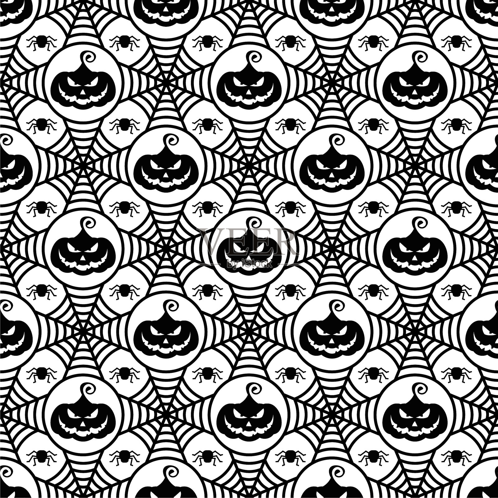 对称的蜘蛛网和南瓜无缝图案。几何万圣节背景。插画图片素材