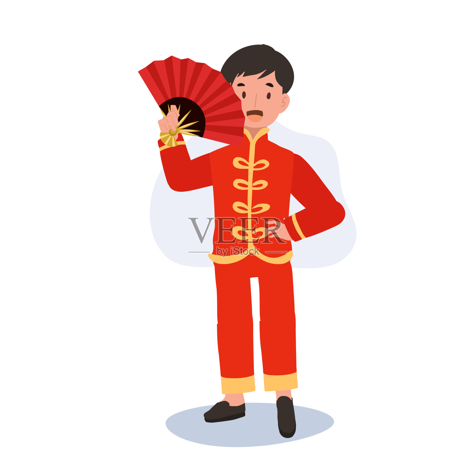 面带微笑的孩子穿着中国传统服装拿着扇子插画图片素材