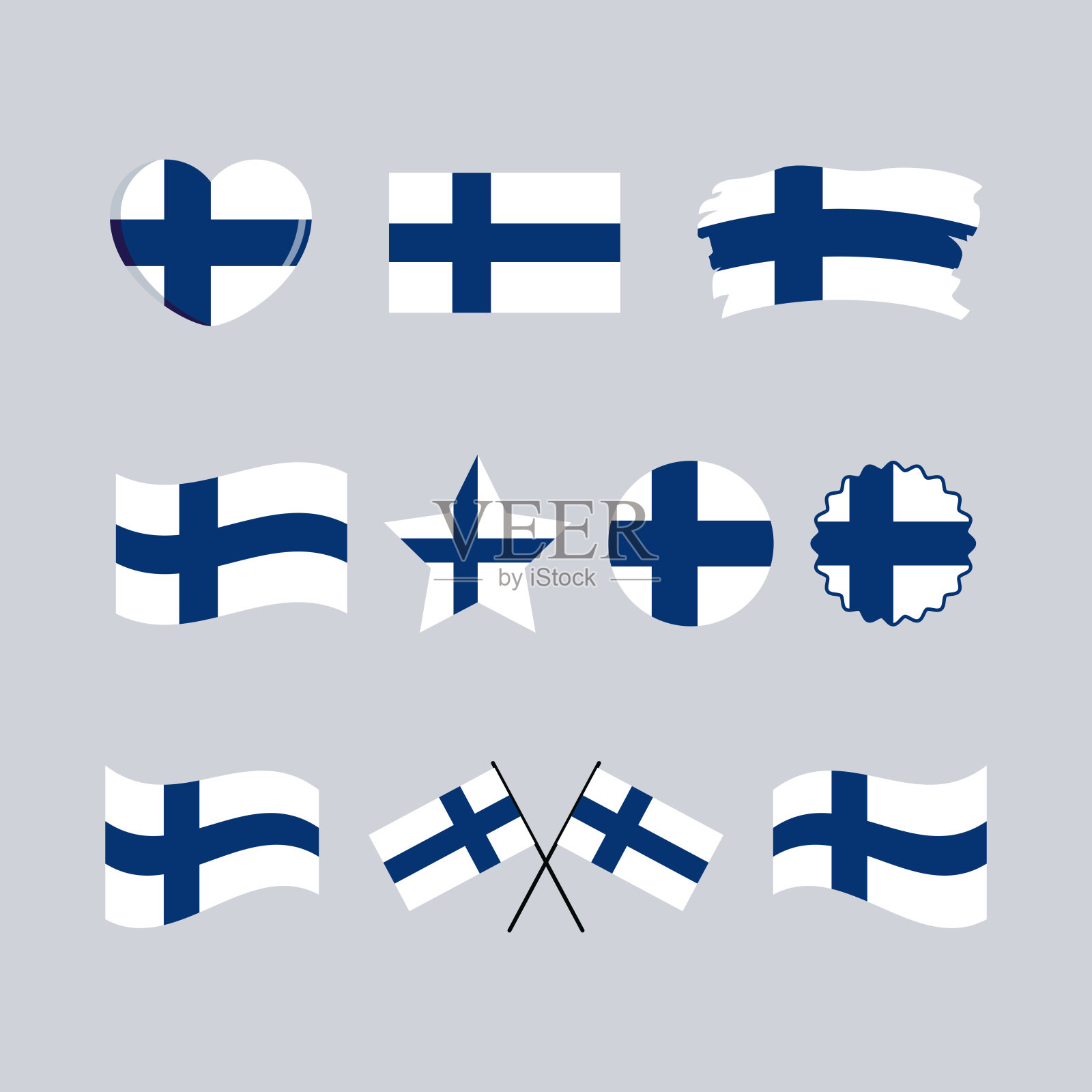芬兰国旗图标集矢量隔离在灰色背景上插画图片素材