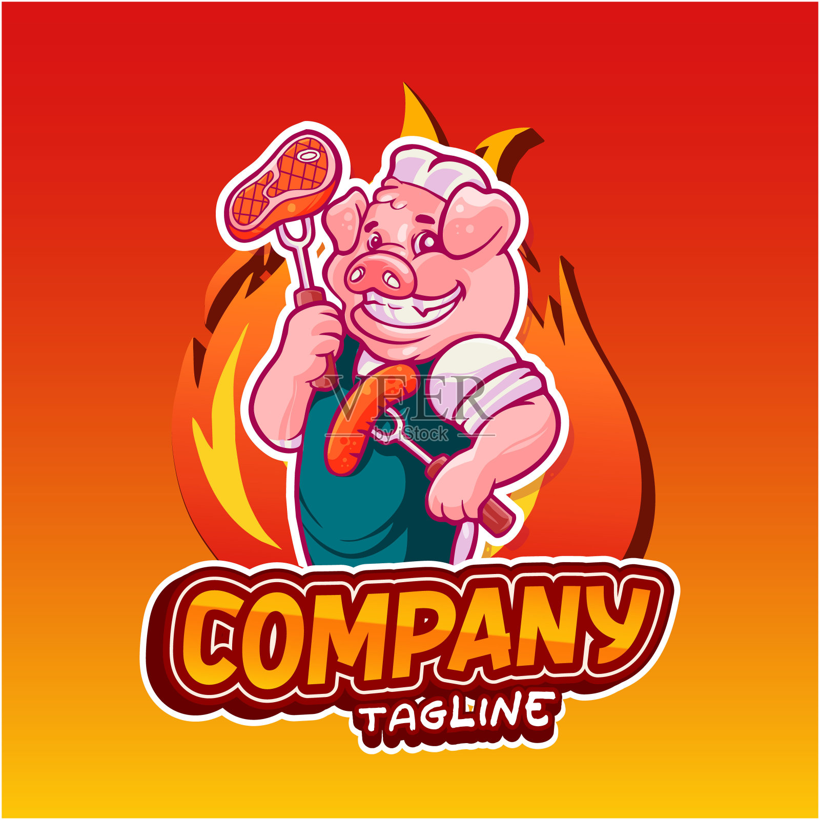 可爱的厨师猪卡通人物拿着烤香肠插画图片素材