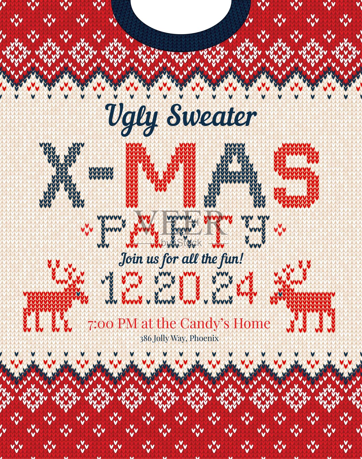 圣诞派对卡片。针织图案。斯堪的纳维亚风格鹿插画图片素材