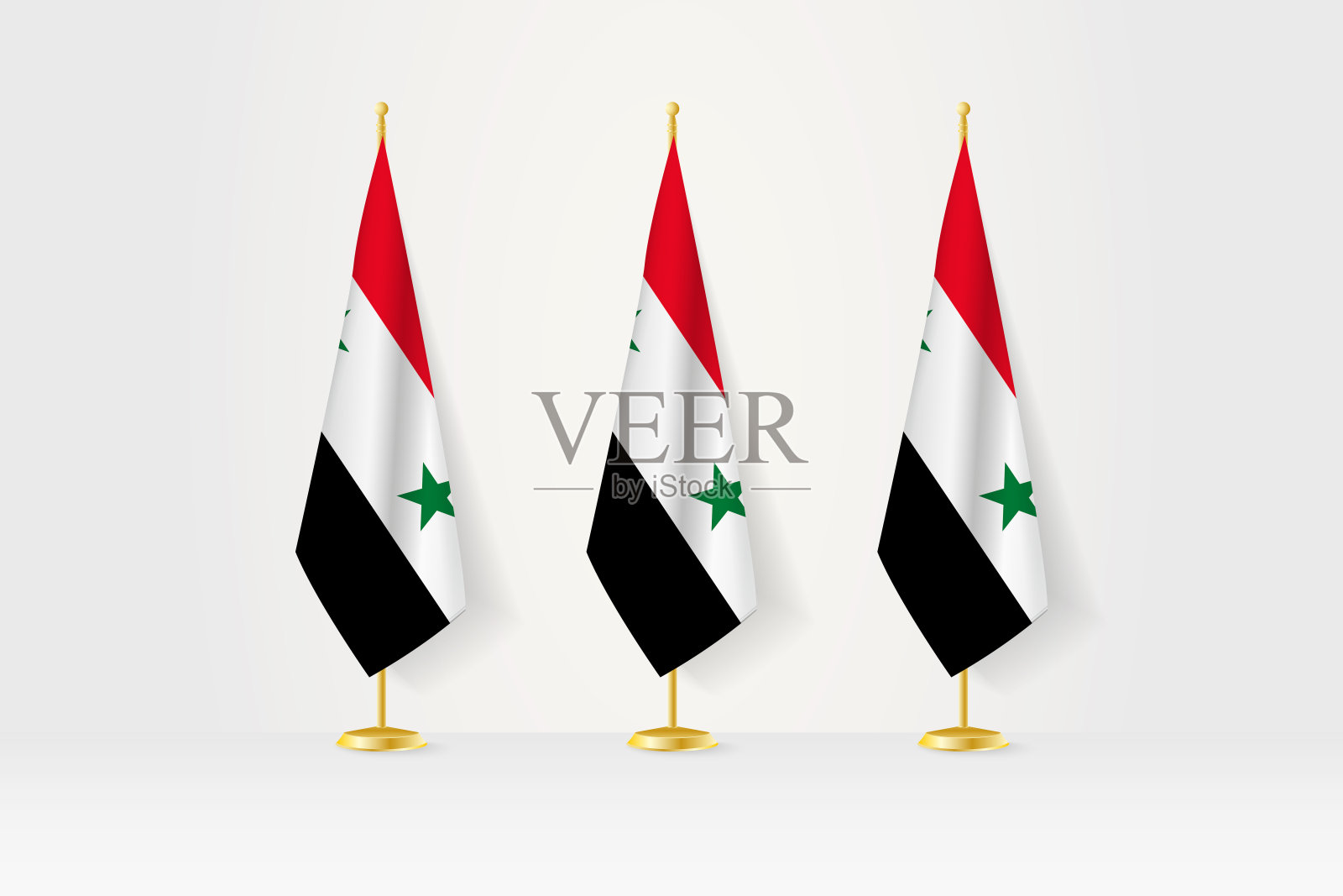 三面叙利亚国旗在金色的看台上排成一排,这是新闻发布会和其他会议的插图。插画图片素材