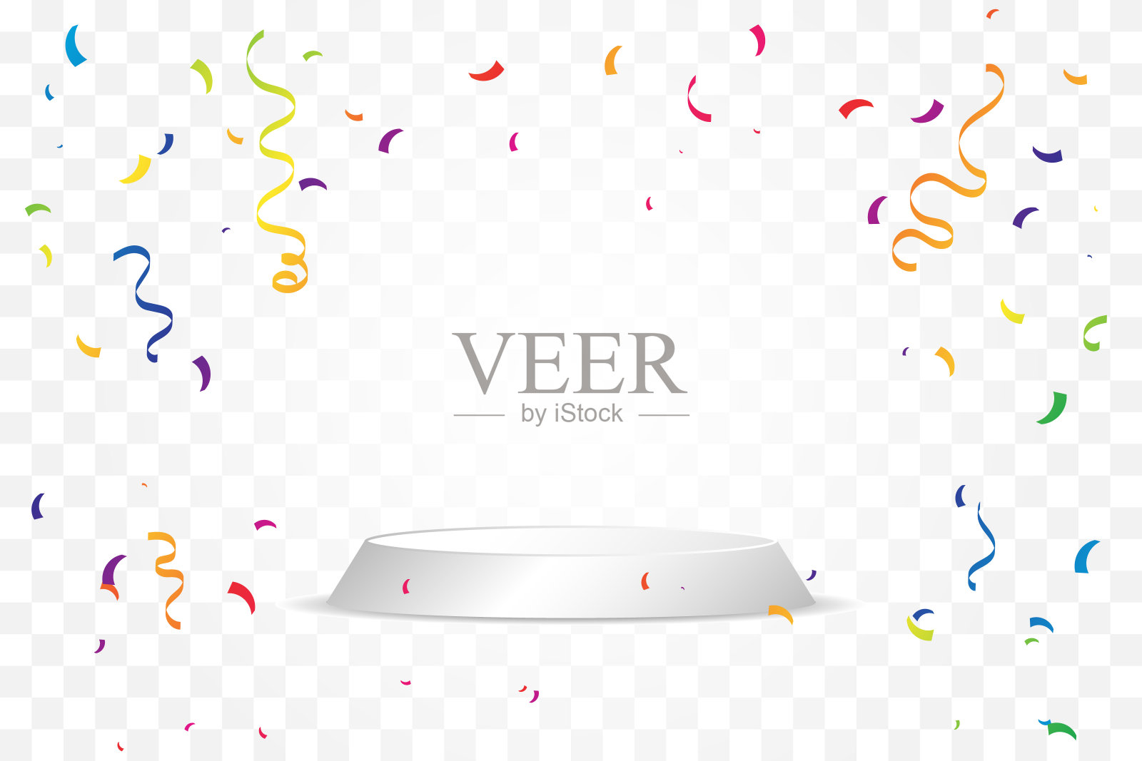白色舞台讲台与彩色纸屑和飘带透明的背景。矢量图插画图片素材