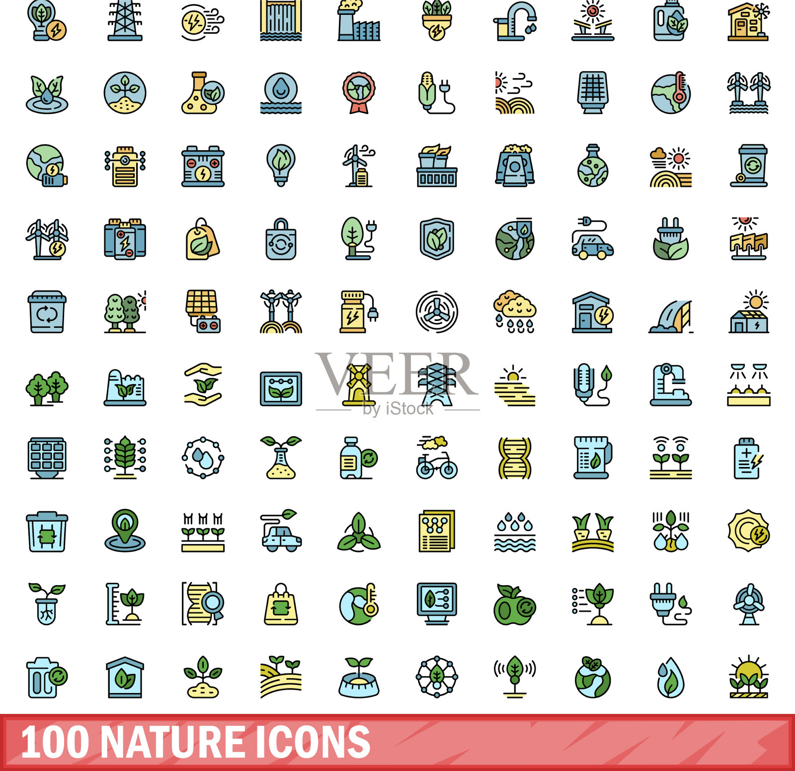 100个自然图标设置颜色线条风格插画图片素材