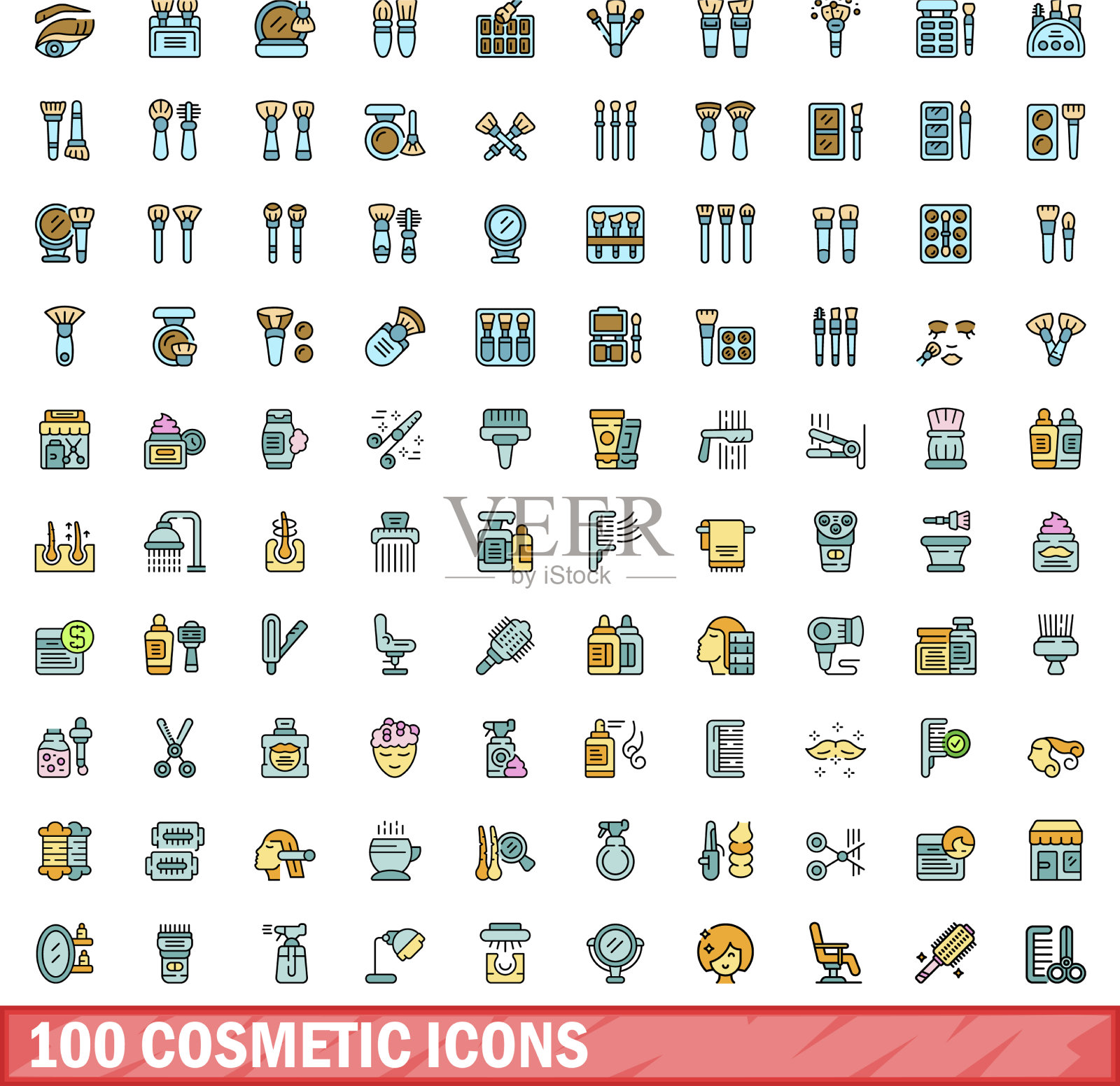 100个化妆图标设置颜色线样式插画图片素材