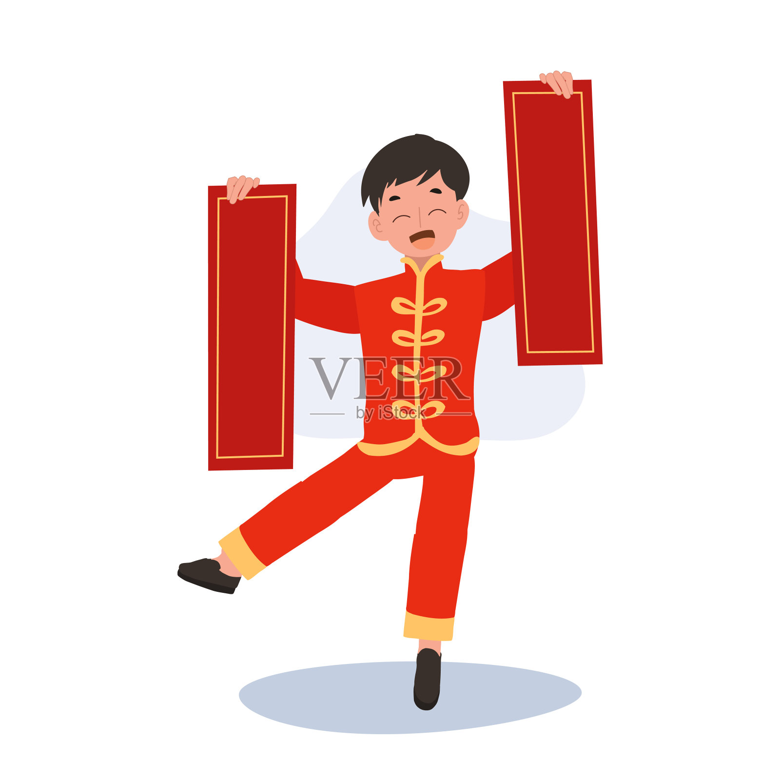 可爱的小朋友穿着中国东方服装,用红色的长纸包着。插画图片素材