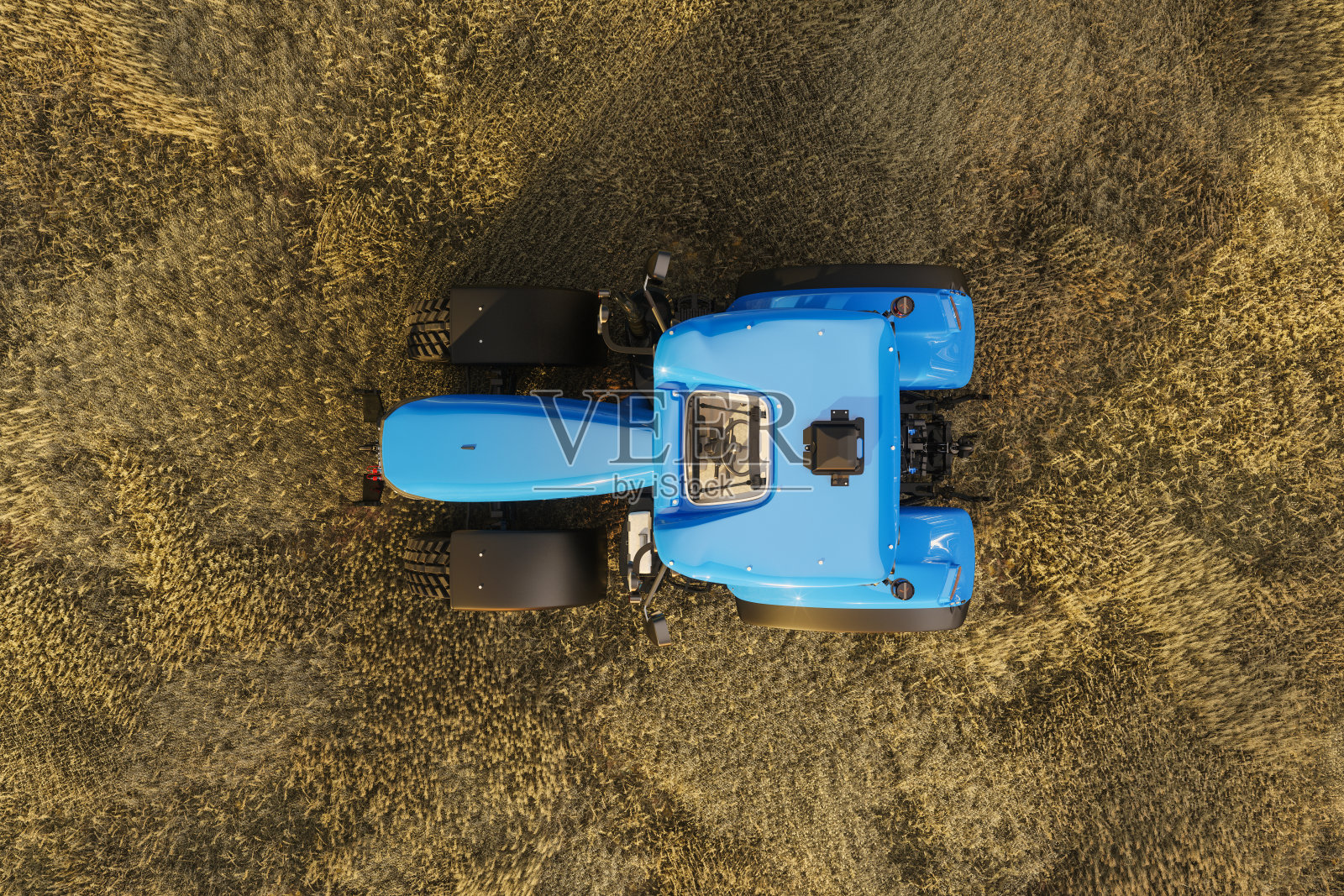 拖拉机在现场的高角度视图照片摄影图片