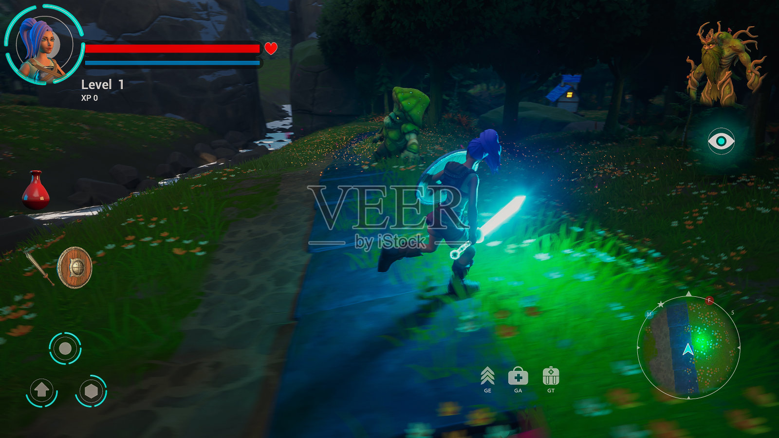 夜间视频游戏模型:3D幻想角色扮演游戏的玩法,女性英雄角色在冒险中,在魔法森林中奔跑,在任务中战斗怪物并获得积分。3D渲染。照片摄影图片