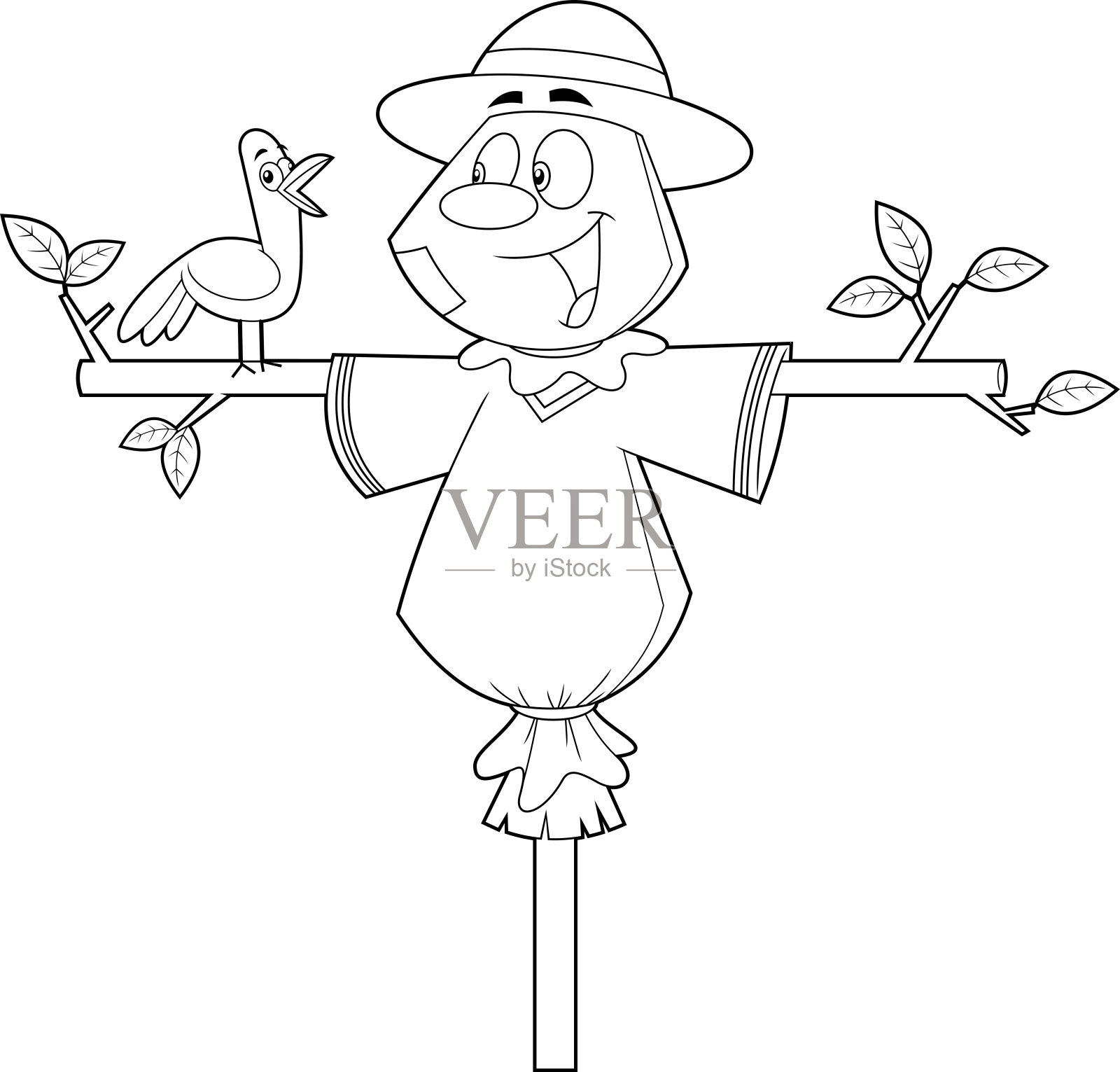 概述可爱的稻草人卡通人物与乌鸦鸟插画图片素材