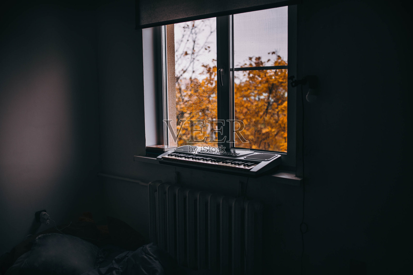 在窗边弹奏合成器,秋日树木景色,忧郁孤独意境照片摄影图片