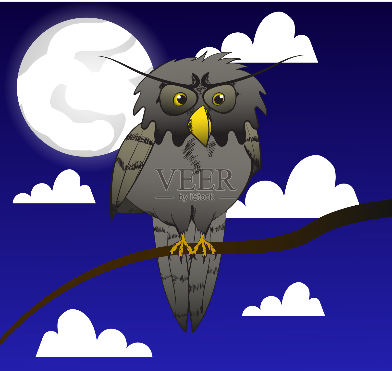 插图猫头鹰栖息在夜空的树枝上插画图片素材