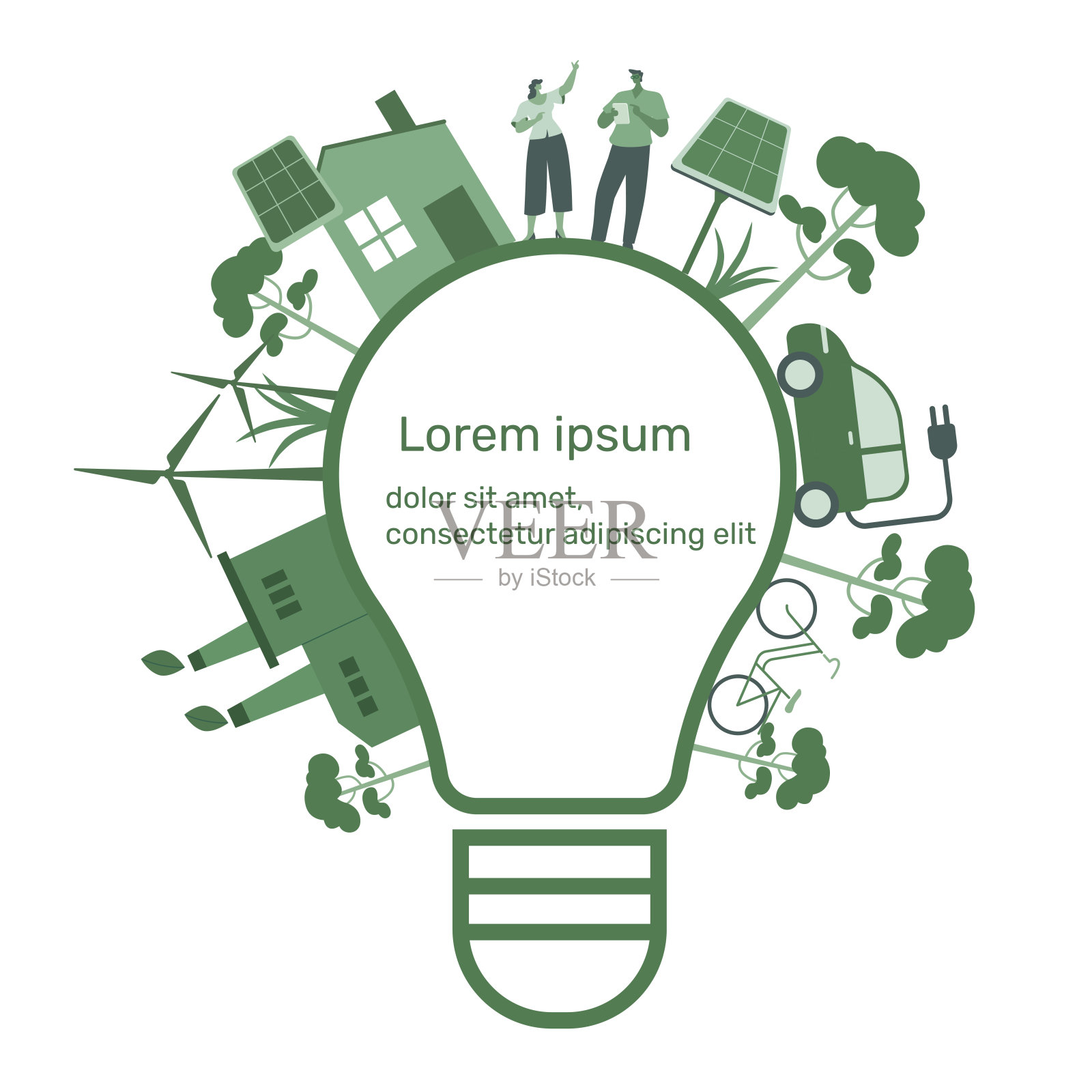 环保可持续,灯泡具有绿色生态能源和气候变化问题的理念。矢量设计插图。插画图片素材