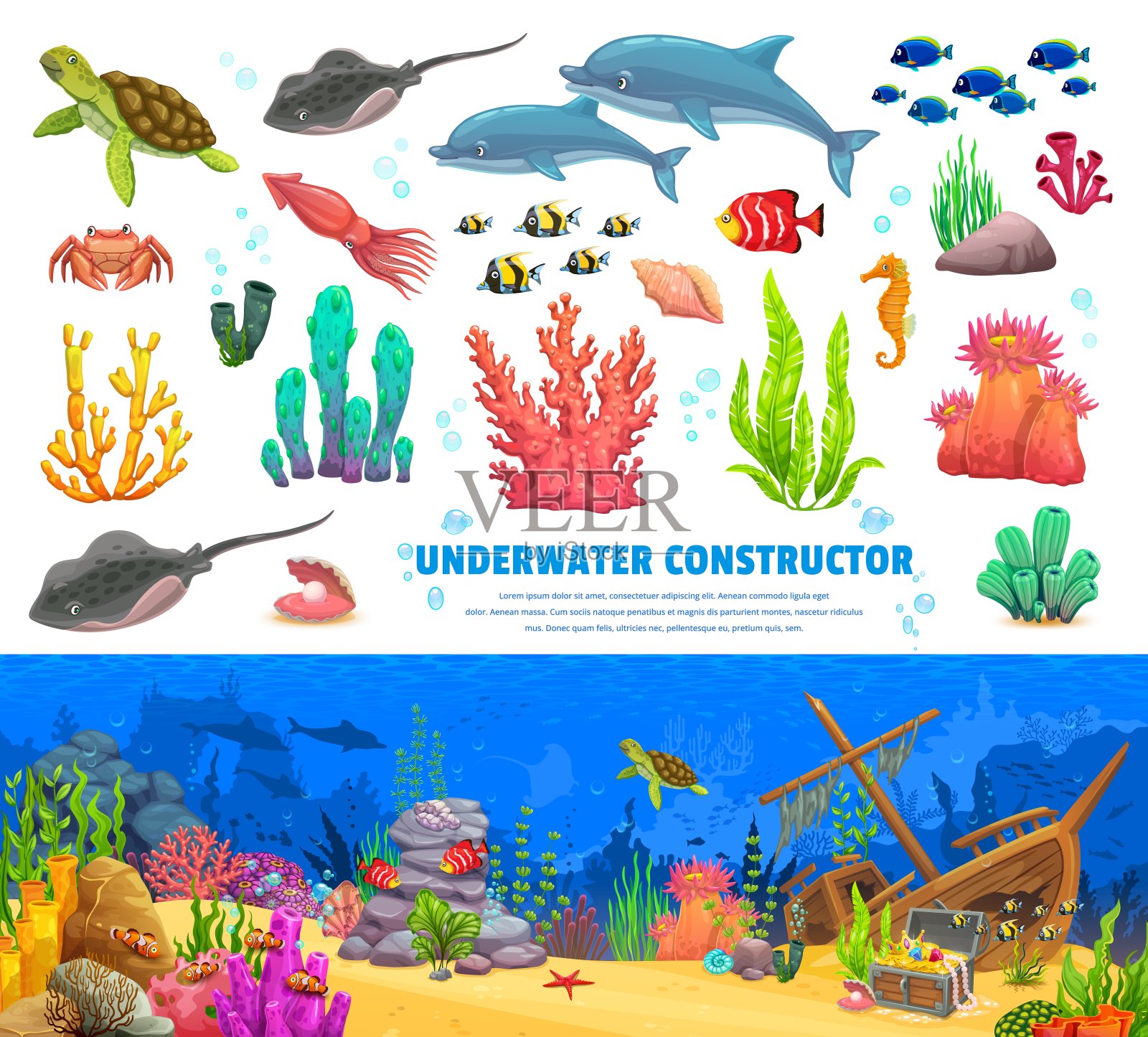 卡通鱼和珊瑚,水下建造者插画图片素材