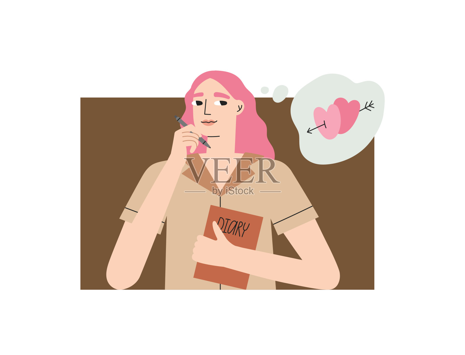 年轻女子坐在桌旁,梦想着爱情。插画图片素材