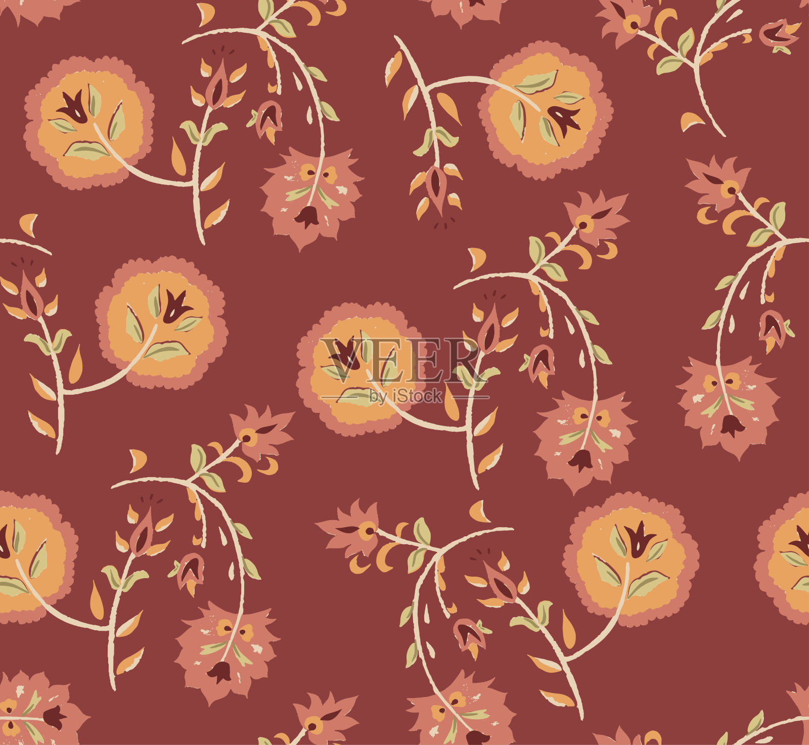 数字Ajrakh无缝图案块印花印花佩斯利图案插画图片素材