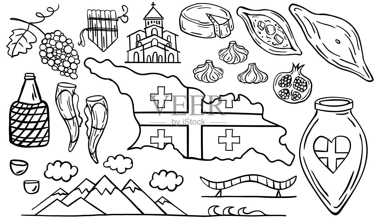 国家格鲁吉亚。一组涂鸦元素:白色背景上的地方、格鲁吉亚食物、葡萄酒、山脉。矢量插图。漫长的旗帜。插画图片素材