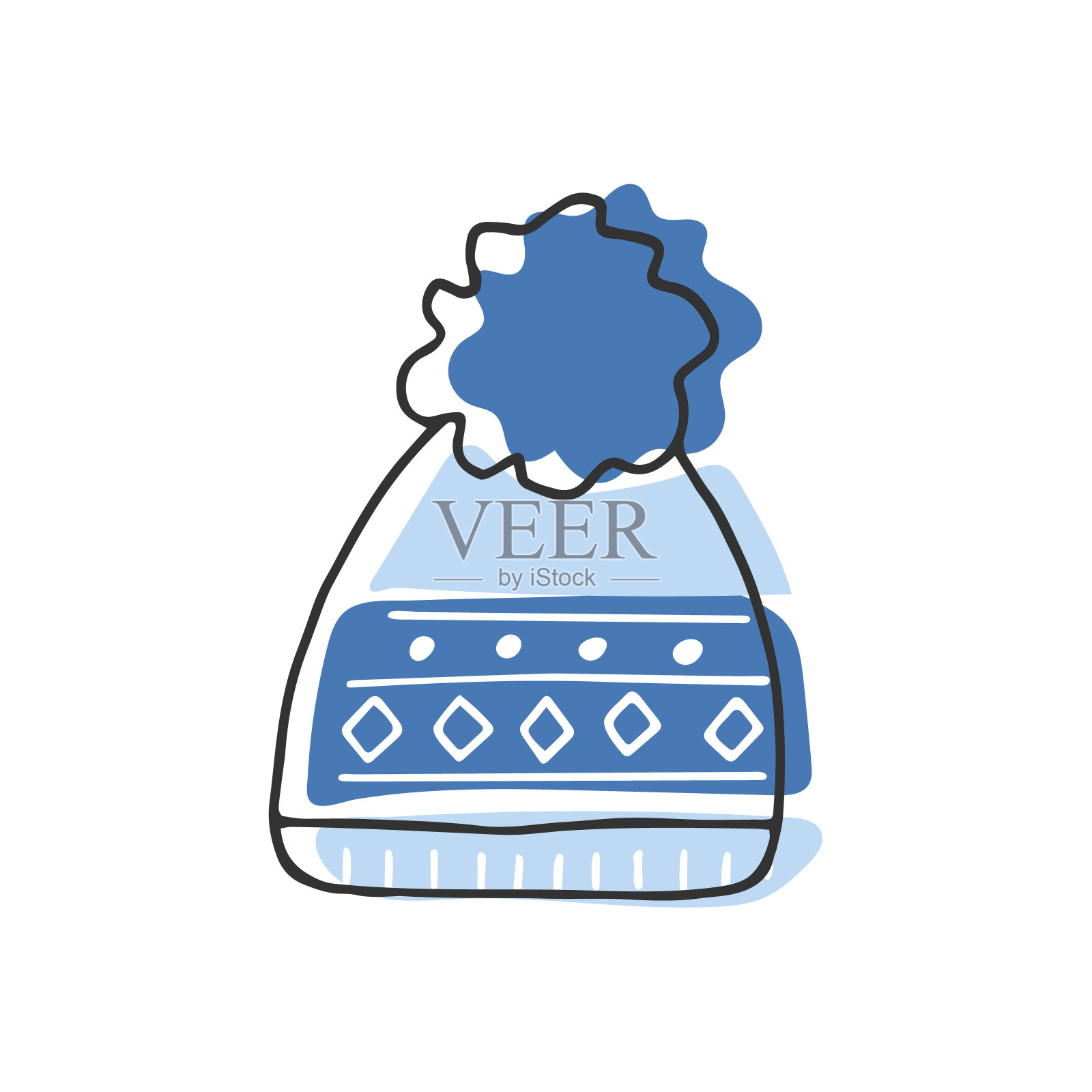 温暖的针织蓝帽子与装饰和绒球孤立在白色。手绘冬秋服装元素轮廓插画图片素材