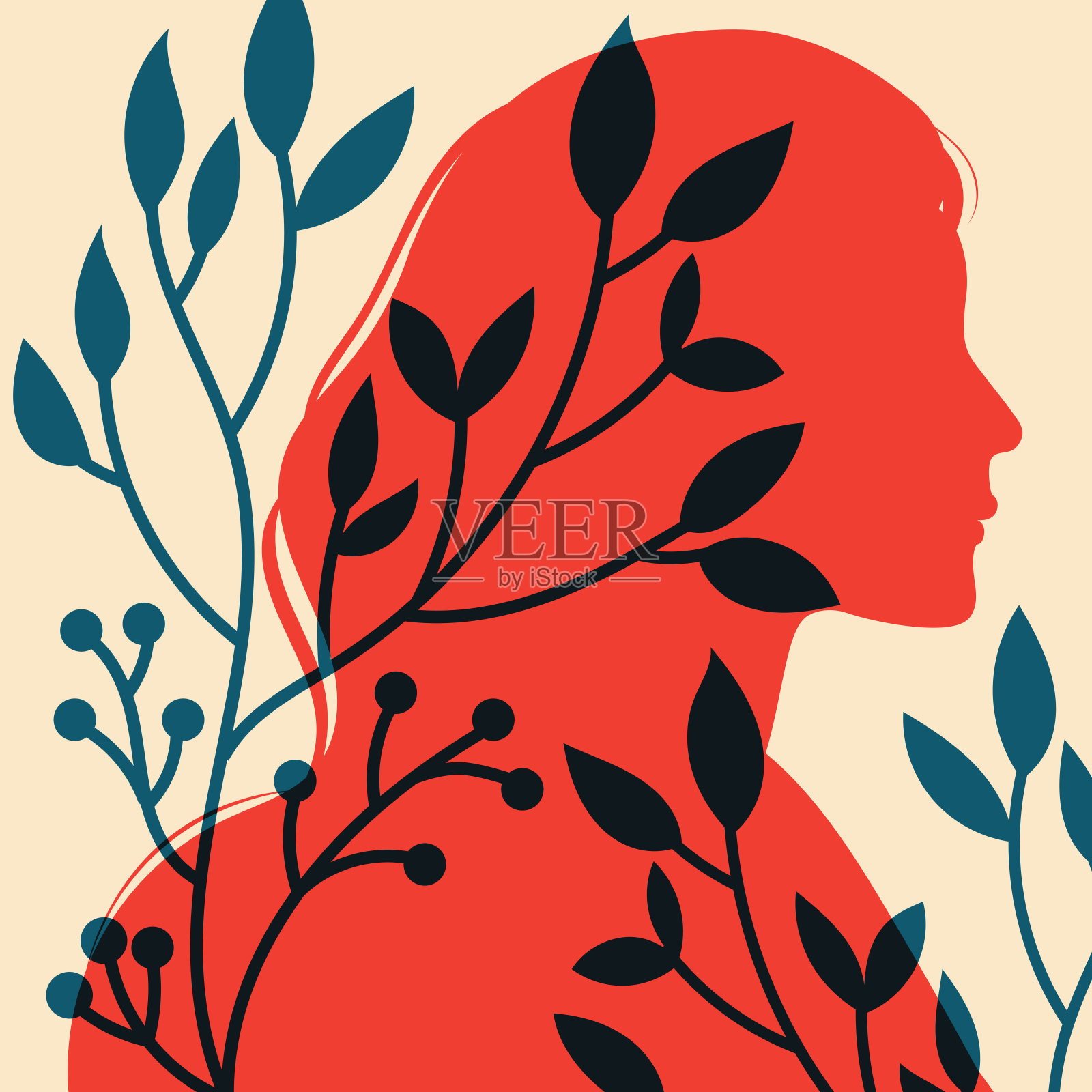 女性侧面轮廓。矢量插图在极简主义风格与Riso打印效果。印刷,标志,海报模板,纹身创意,广告,织物印刷插画图片素材