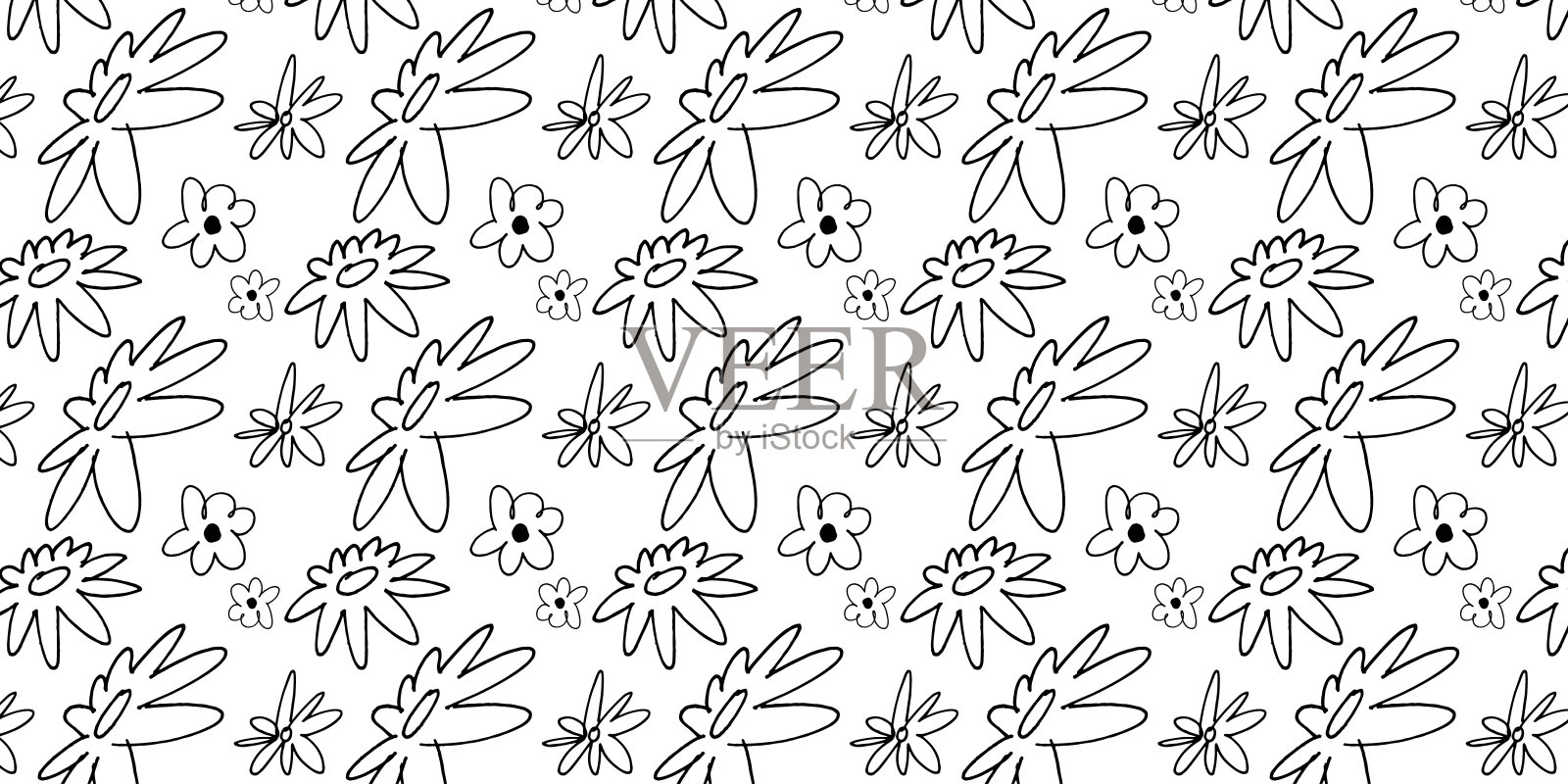 花卉无缝图案在黑色和白色线条插图。无尽的纹理与花插画图片素材