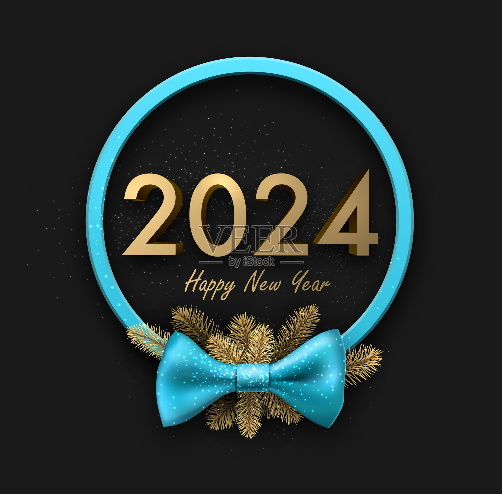 蓝色圣诞球与缎面蝴蝶结和金色冷杉树枝深色背景与3d 2024字母。插画图片素材